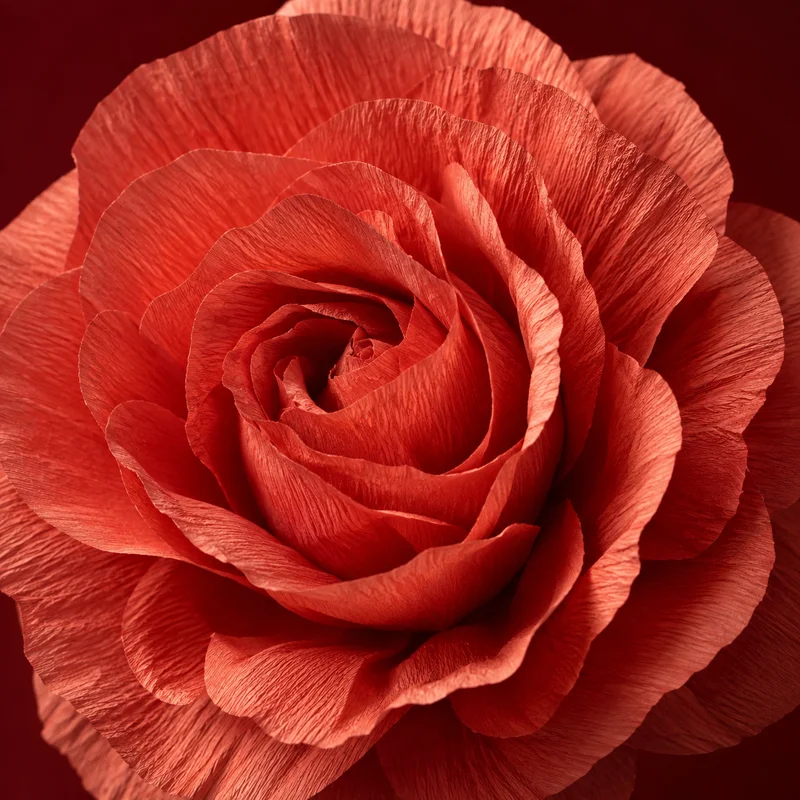 A coral-red paper flower with intricate folded petals