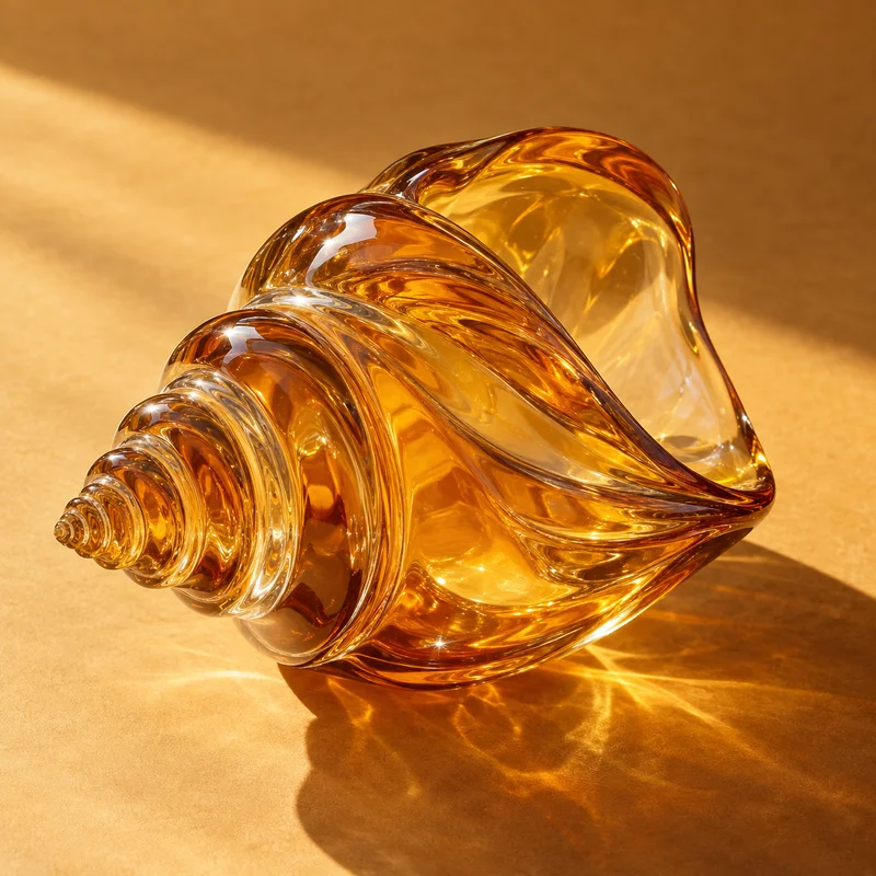 An amber glass shell refracting golden studio light